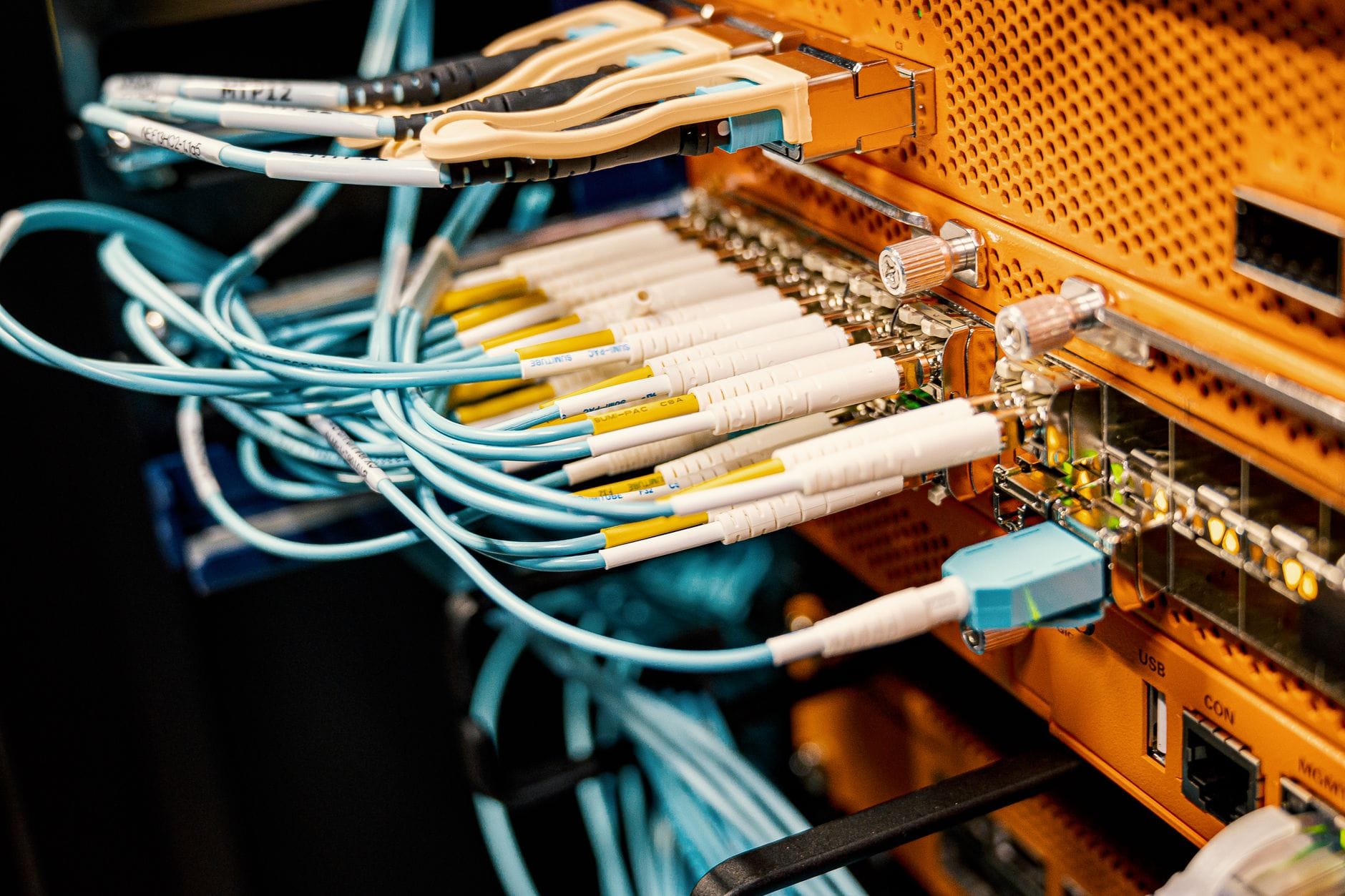 Nowoczesny panel sieciowy z podłączonymi kablami patchcord
